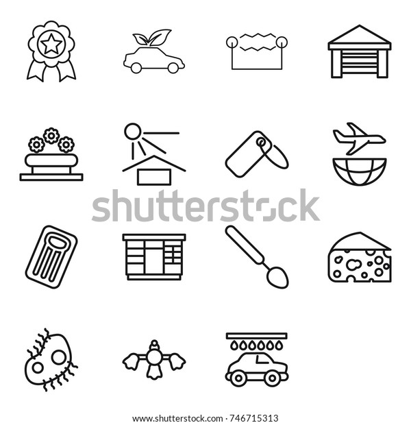 thin line icon set : medal, eco car,\
electrostatic, garage, flower bed, sun potection, label, plane\
shipping, inflatable mattress, wardrobe, big spoon, cheese, microb,\
hard reach place cleaning