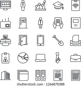 Thin Line Icon Set - medical room vector, manager, mobile phone, office building, identity card, case, binder, graduate, document, job, printer, monitor pulse, copybook, pie graph, blank box, point