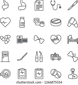 Thin Line Icon Set - medical room vector, heart pulse, diagnosis, stethoscope, blood pressure, pills, ampoule, scalpel, tomography, ambulance car, hospital bed, stomach, broken bone, clipboard