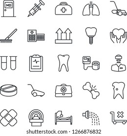 Thin Line Icon Set - medical room vector, rake, watering, lawn mower, doctor case, syringe, blood pressure, test vial, pills, patch, tomography, hospital bed, heart hand, lungs, tooth, caries