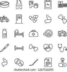 Thin Line Icon Set - medical room vector, heart pulse, doctor case, diagnosis, stethoscope, blood pressure, pills, ampoule, scalpel, tomography, ambulance car, hospital bed, stomach, broken bone