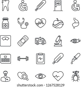 Thin Line Icon Set - medical room vector, heart pulse, stethoscope, dropper, thermometer, diagnostic, microscope, scales, pills bottle, patch, ambulance car, barbell, disabled, stomach, caries, eye