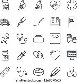 Thin Line Icon Set - medical room vector, heart, pulse, monitor, doctor case, stethoscope, syringe, blood pressure, test vial, dropper, thermometer, diagnostic, microscope, scales, pills, bottle