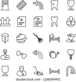 Thin Line Icon Set - medical room vector, rake, watering can, lawn mower, bird house, diagnosis, pills blister, hospital bed, heart hand, tooth, caries, implant, broken bone, diet, doctor, client