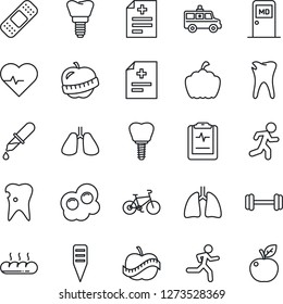 Thin Line Icon Set - medical room vector, plant label, pumpkin, heart pulse, diagnosis, dropper, patch, ambulance car, barbell, bike, run, lungs, caries, implant, clipboard, diet, bread, omelette