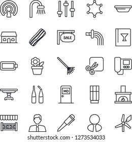 Thin Line Icon Set - medical room vector, pen, flower in pot, rake, watering, ampoule, tuning, cut, battery, sale, estate agent, table, bathroom, fireplace, wine card, drink, bacon, cafe building