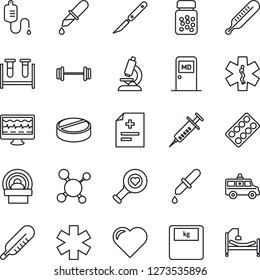 Thin Line Icon Set - medical room vector, heart, monitor pulse, diagnosis, molecule, syringe, blood test vial, dropper, thermometer, diagnostic, microscope, scales, pills, bottle, blister, scalpel