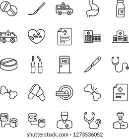 Thin Line Icon Set - medical room vector, heart pulse, diagnosis, stethoscope, blood pressure, pills, ampoule, scalpel, tomography, ambulance car, stomach, broken bone, hospital, doctor
