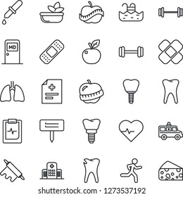 Thin Line Icon Set - medical room vector, plant label, heart pulse, diagnosis, dropper, patch, ambulance car, barbell, run, lungs, tooth, caries, implant, clipboard, diet, hospital, pool, salad