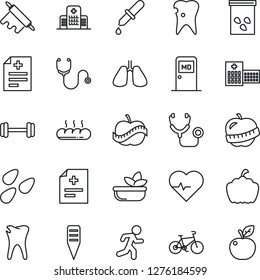 Thin Line Icon Set - medical room vector, plant label, pumpkin, seeds, heart pulse, diagnosis, stethoscope, dropper, barbell, bike, run, lungs, caries, diet, hospital, salad, bread, rolling pin