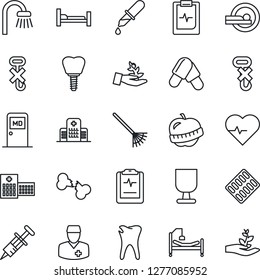 Thin Line Icon Set - medical room vector, rake, heart pulse, syringe, dropper, pills, blister, tomography, hospital bed, caries, implant, broken bone, clipboard, diet, doctor, fragile, no hook