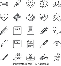 Thin Line Icon Set - medical room vector, heart, pulse, doctor case, diagnosis, stethoscope, syringe, dropper, thermometer, diagnostic, scales, pills, blister, scalpel, tomography, ambulance star
