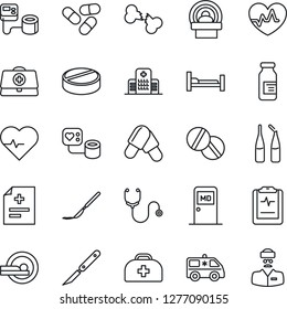 Thin Line Icon Set - medical room vector, heart pulse, doctor case, diagnosis, stethoscope, blood pressure, pills, ampoule, scalpel, tomography, ambulance car, hospital bed, broken bone, clipboard