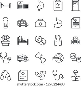 Thin Line Icon Set - medical room vector, doctor case, diagnosis, stethoscope, blood pressure, pills, ampoule, tomography, ambulance car, hospital bed, stomach, broken bone, pulse clipboard