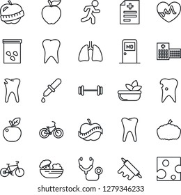 Thin Line Icon Set - medical room vector, pumpkin, seeds, heart pulse, diagnosis, stethoscope, dropper, barbell, bike, run, lungs, tooth, caries, diet, hospital, salad, rolling pin, apple fruit