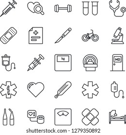 Thin Line Icon Set - medical room vector, heart, diagnosis, stethoscope, syringe, blood pressure, test vial, dropper, thermometer, diagnostic, microscope, scales, ampoule, scalpel, patch, tomography