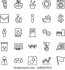 Thin Line Icon Set - medical room vector, manager, gear, dollar sign, medal, document search, stamp, printer, seedling, seeds, picnic table, disabled, truck trailer, no hook, mail, music, tie, salad