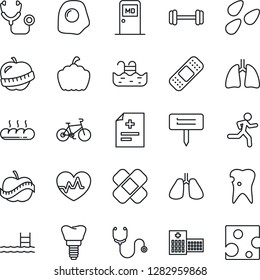 Thin Line Icon Set - medical room vector, plant label, pumpkin, seeds, heart pulse, diagnosis, stethoscope, patch, barbell, bike, run, lungs, caries, implant, diet, hospital, pool, bread, omelette