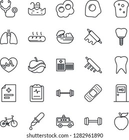 Thin Line Icon Set - medical room vector, heart pulse, diagnosis, stethoscope, dropper, patch, ambulance car, barbell, bike, lungs, tooth, implant, clipboard, diet, hospital, pool, salad, bread