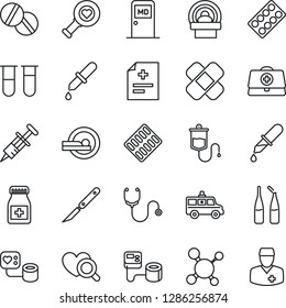 Thin Line Icon Set - medical room vector, doctor case, diagnosis, molecule, stethoscope, syringe, blood pressure, test vial, dropper, heart diagnostic, pills, bottle, blister, ampoule, scalpel