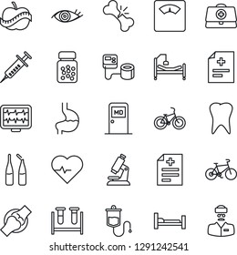 Thin Line Icon Set - medical room vector, heart pulse, monitor, doctor case, diagnosis, syringe, blood pressure, test vial, dropper, microscope, scales, pills bottle, ampoule, bike, hospital bed