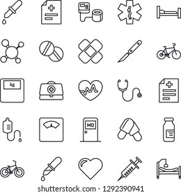 Thin Line Icon Set - medical room vector, heart, pulse, doctor case, diagnosis, molecule, stethoscope, syringe, blood pressure, dropper, scales, pills, ampoule, scalpel, patch, ambulance star, bike