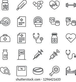 Thin Line Icon Set - medical room vector, heart pulse, doctor case, diagnosis, stethoscope, syringe, blood pressure, thermometer, diagnostic, scales, pills, bottle, ampoule, tomography, barbell