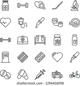Thin Line Icon Set - medical room vector, heart, pulse, doctor case, syringe, blood pressure, test vial, dropper, diagnostic, microscope, pills, bottle, blister, ampoule, scalpel, tomography, bike