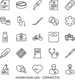 Thin Line Icon Set - medical room vector, heart pulse, doctor case, diagnosis, stethoscope, blood pressure, dropper, thermometer, diagnostic, microscope, scales, pills, blister, ampoule, scalpel
