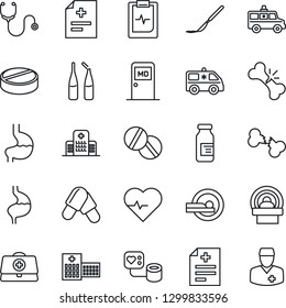 Thin Line Icon Set - medical room vector, heart pulse, doctor case, diagnosis, stethoscope, blood pressure, pills, ampoule, scalpel, tomography, ambulance car, stomach, broken bone, clipboard