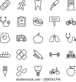 Thin Line Icon Set - medical room vector, plant label, pumpkin, seeds, stethoscope, dropper, patch, ambulance car, barbell, bike, run, lungs, tooth, implant, pulse clipboard, hospital, salad, bread