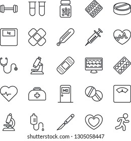 Thin Line Icon Set - medical room vector, heart, pulse, monitor, doctor case, stethoscope, syringe, blood test vial, dropper, thermometer, microscope, scales, pills, bottle, blister, scalpel, patch