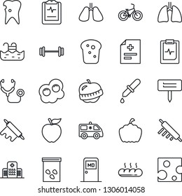 Thin Line Icon Set - medical room vector, plant label, pumpkin, seeds, diagnosis, stethoscope, dropper, ambulance car, barbell, bike, lungs, caries, pulse clipboard, diet, hospital, pool, bread