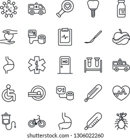 Thin Line Icon Set - medical room vector, heart pulse, blood pressure, test vial, dropper, thermometer, diagnostic, ampoule, scalpel, tomography, ambulance star, car, bike, disabled, hand, stomach