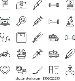 Thin Line Icon Set - medical room vector, heart, monitor pulse, doctor case, diagnosis, stethoscope, syringe, blood pressure, test vial, dropper, thermometer, diagnostic, microscope, scales, scalpel