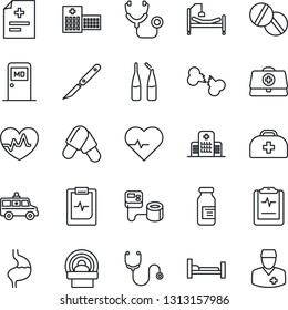 Thin Line Icon Set - medical room vector, heart pulse, doctor case, diagnosis, stethoscope, blood pressure, pills, ampoule, scalpel, tomography, ambulance car, hospital bed, stomach, broken bone