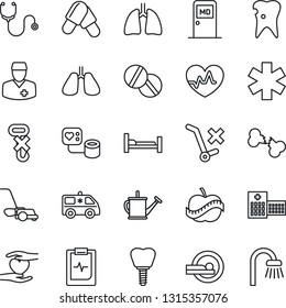 Thin Line Icon Set - medical room vector, watering can, lawn mower, heart pulse, stethoscope, blood pressure, pills, tomography, ambulance star, car, hospital bed, hand, lungs, caries, implant, diet