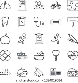 Thin Line Icon Set - medical room vector, plant label, pumpkin, heart pulse, stethoscope, patch, ambulance car, barbell, bike, run, lungs, caries, implant, clipboard, diet, hospital, pool, salad