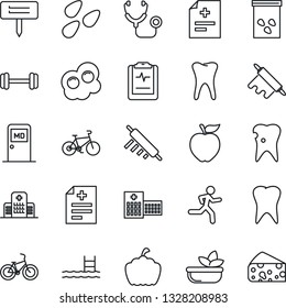 Thin Line Icon Set - medical room vector, plant label, pumpkin, seeds, diagnosis, stethoscope, barbell, bike, run, tooth, caries, pulse clipboard, hospital, pool, salad, rolling pin, omelette
