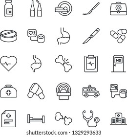 Thin Line Icon Set - medical room vector, heart pulse, doctor case, diagnosis, stethoscope, blood pressure, pills, ampoule, scalpel, tomography, ambulance car, hospital bed, stomach, broken bone