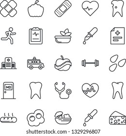 Thin Line Icon Set - medical room vector, pumpkin, seeds, heart pulse, diagnosis, stethoscope, dropper, patch, ambulance car, barbell, run, tooth, caries, clipboard, diet, hospital, salad, bread