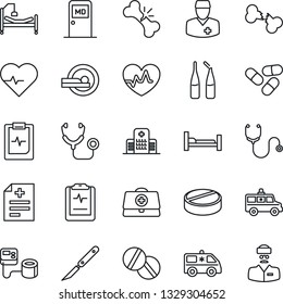 Thin Line Icon Set - medical room vector, heart pulse, doctor case, diagnosis, stethoscope, blood pressure, pills, ampoule, scalpel, tomography, ambulance car, hospital bed, broken bone, clipboard