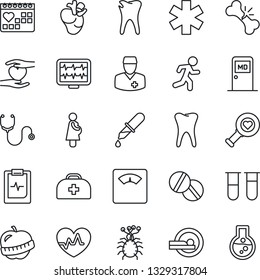 Thin Line Icon Set - medical room vector, heart pulse, monitor, doctor case, stethoscope, blood test vial, dropper, diagnostic, scales, pills, tomography, ambulance star, run, hand, real, tooth
