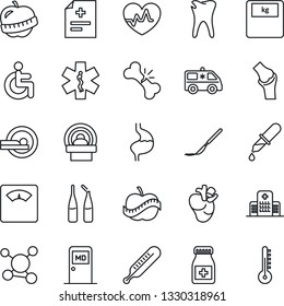 Thin Line Icon Set - medical room vector, heart pulse, diagnosis, dropper, thermometer, scales, pills bottle, ampoule, scalpel, tomography, ambulance star, car, disabled, stomach, real, caries, diet