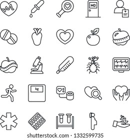 Thin Line Icon Set - medical room vector, heart, pulse, monitor, blood pressure, test vial, dropper, thermometer, diagnostic, microscope, scales, pills, blister, ambulance star, run, hand, real