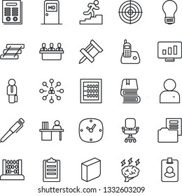 Thin Line Icon Set - medical room vector, hierarchy, abacus, brainstorm, bulb, statistic monitor, radio phone, user, clock, clipboard, drawing pin, document folder, office chair, blank box, target
