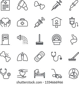 Thin Line Icon Set - medical room vector, rake, watering, lawn mower, bird house, doctor case, diagnosis, stethoscope, syringe, dropper, pills, patch, tomography, hospital bed, heart hand, stomach