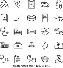 Thin Line Icon Set - medical room vector, heart pulse, doctor case, diagnosis, stethoscope, blood pressure, pills, ampoule, scalpel, ambulance car, hospital bed, stomach, broken bone, clipboard