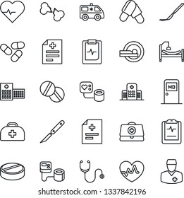 Thin Line Icon Set - medical room vector, heart pulse, doctor case, diagnosis, stethoscope, blood pressure, pills, scalpel, tomography, ambulance car, hospital bed, broken bone, clipboard