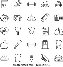 Thin Line Icon Set - medical room vector, plant label, pumpkin, seeds, heart pulse, diagnosis, dropper, patch, ambulance car, barbell, bike, run, lungs, tooth, caries, implant, diet, hospital, bread